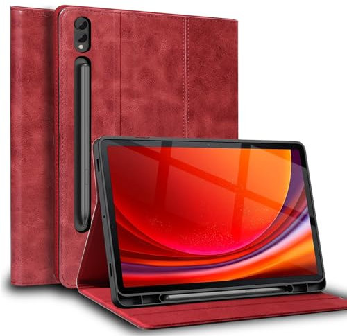 Gexmil Leder Hülle für Samsung Galaxy Tab S10+/ S9+,S9 FE+ 12.4 Zoll,mit Stifthalter,Automatischer Schlaf/Aufwachen, Folio Echtes Leder Hülle Anti-Fingerabdruck,Einstellbarer Ständer,Rot