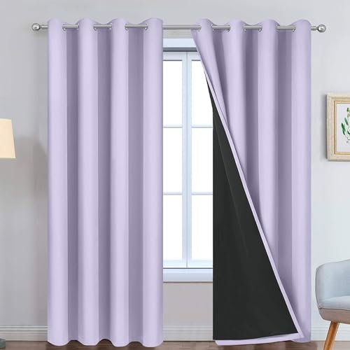 Yakamok 2 dicke Schichten, 100 % vollständig verdunkelnde Fenstervorhänge, wärmeisoliert, geräuschreduzierend, Vorhänge für Mädchenzimmer (132 x 90 L, Flieder, 2 Stoffbahnen)