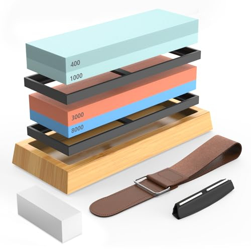 IMAYCC Sharpening Stone Set Actual Grit Premium Material 400 1000 3000 8000 Whetstone for Sharpening Knives with Non-Slip Rubber Base Angle Guide Flattening Stone and Leather Strop 8 in 1