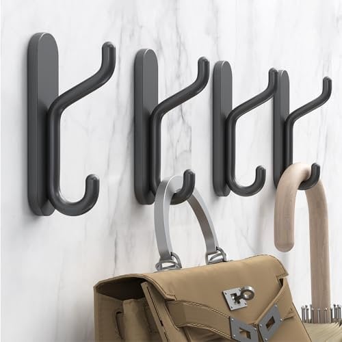 Adhesive Bathroom Towel Hook Wall: Heavy Duty Stick On Jacket Coat Wall Hanging Hooks for Shower 4PCS Black