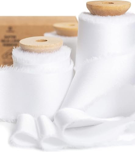Vitalizart Nastro di Raso di Seta Bianco, Nastro Sfrangiato 3,8 cm x 13,7 m, Nastri di Tessuto con Frange Fatti a Mano per Confezioni Regalo, Decorazioni per Feste, Bouquet da Sposa