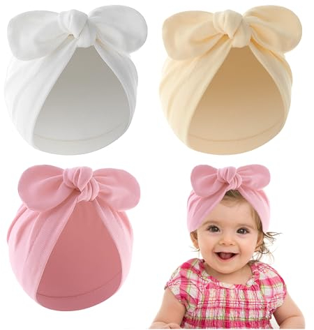 HDGSAFD 3 Stück Babymützen, Einfarbige Turbanmützen Mit Schleife, Gestrickte Babymützen, Süße Babymützen, Warme Babymützen, Neugeborenenmützen, Babystirnbänder (Weiß, Rosa, Beige)