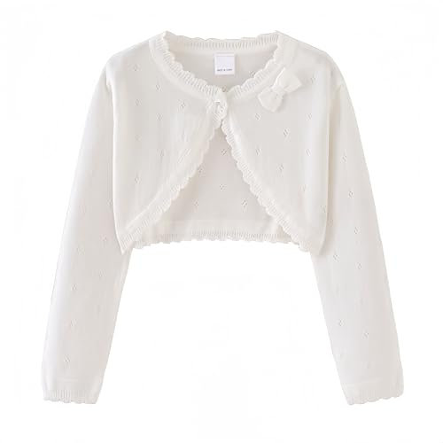 Proumhang Bolero Shrug Strickjacke für Mädchen Langärmelige Baumwollstrickpullover EIN-Knopf-Schal Jacke Sweatshirt Mäntel Chlidren Kleid Cover Up Für 3-10 Jahre Weiß 160