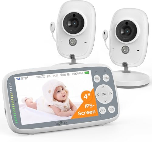 BOIFUN Video Baby Monitor with 2 Cameras, 720P IPS Screen, Invisible Infrared Night Vision, VOX Mode, No WiFi, Two-way Talk, Temperature Sensor, Lullabies, 4-inch, for Twins Two Children, Dual Cameras