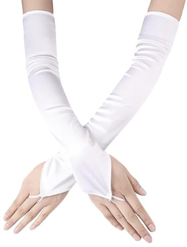 MAEXUS® Lange Fingerlose Damenhandschuhe, Kostüm-Handschuhe für Erwachsene, Weiß Satin für Hochzeitskleid