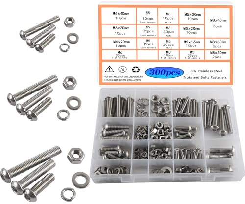HVDHYY M5 M6 M8 Vis Boulons et Écrous Tête Cylindrique Six Pans Creux A2-70 Vis a Métaux a Hexagonale En Acier Inoxydable Écrous Rondelles Assortiment de Boutons Creux Avec Boîte Rangement,300pcs