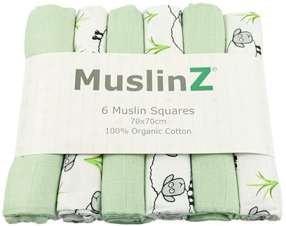 MuslinZ Musselintücher für Babys, große Mullwindel, Spucktücher, wiederverwendbare Windeln, 70 x 70 cm, 100 % reine Bio-Baumwolle, saugfähig und atmungsaktiv, vielseitig verwendbar, für Neugeborene, 6