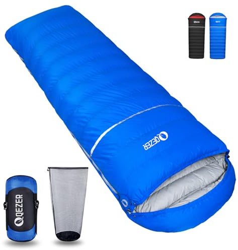 QEZER Daunenschlafsack, leicht, rechteckig, Winterschlafsack, 1180 g/1860 g, für Erwachsene und Kinder, 4-Jahreszeiten, Camping, Wandern, Lager und Bergsteigen, Outdoor, Blau, 1200 g Daunen