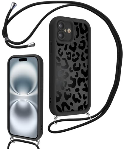 Xylota Coque avec Cordon pour iPhone 16 6,1'', Aesthetic Etui avec Réglable Collier Souple Silicone Corde Caméra Protection Bumper Case avec Motif, Lanyard Antichoc Housse pour iPhone 16,Léopard