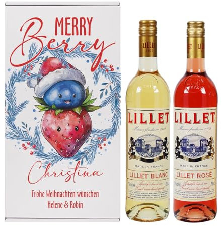 Herz & Heim® weihnachtliches Lillet Geschenkset mit 2 Flaschen und personalisierter Geschenkbox (Merry Berry)
