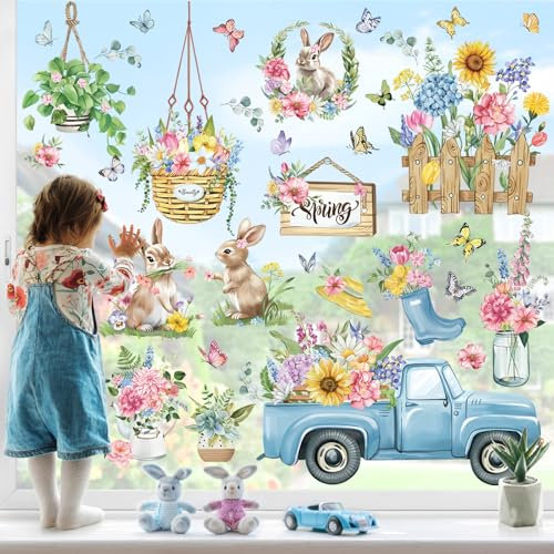 wondever Fenstersticker Frühling Garten Blumen Traktor Fenster Aufkleber Hängende Pflanzen Hase Fensterbilder Fensteraufkleber Anti-Kollision Doppelseitig Glasaufkleber Glas Deko