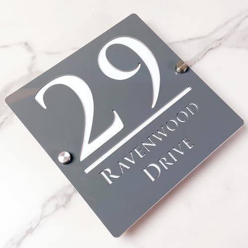 Cartello numero civico sospeso vuoto 3D acrilico personalizzato con nome di strada fontana moderna | Segnale indirizzo negozio piastra porta (Grigi&Bianco)