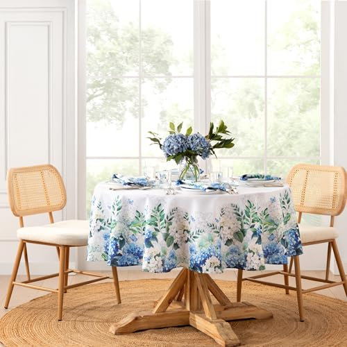 Elrene Home Fashions Hydrangea Bloom Floral Butterfly Double Border Spring/Summer Wrinkle Resistant Dining Tablecloth, 70 Round