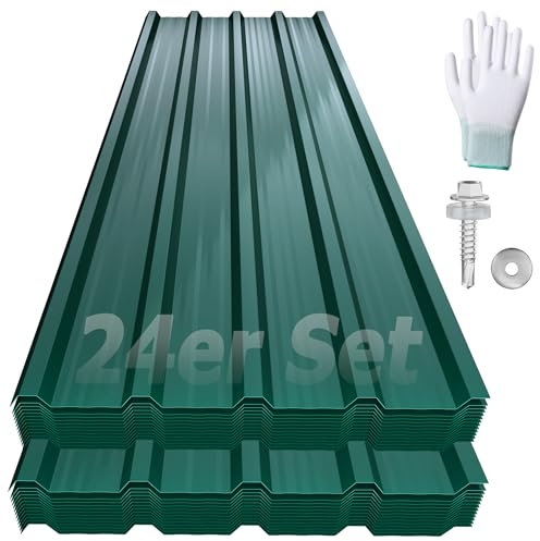 YRHome Chapa trapezoidal para tejado (24 unidades, 129,5 x 45 cm, acero galvanizado, incluye tornillos y guantes), color verde