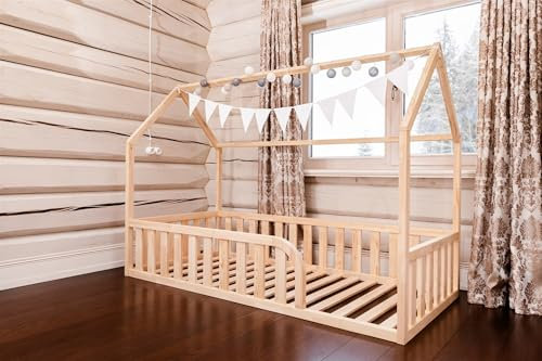 Mandrele - Montessori Bett, Hausbett mit Lattenrost, Rausfallschutz Bett, Bodenbett, Kinderbett, Holzbett mit Bettgestell für Jungen und Mädchen, 200x140cm, Natur Holz