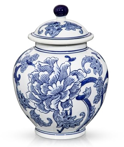 Blau‑Weiße Porzellan‑Deckelvase Chinesische Handbemalte Vintage Keramikvase mit Pfingstrosen‑Dekor, Blaue und weiße Porzellan Vase für Klassische Chinoiserie Deko für Wohnzimmer, Konsole & Sideboard