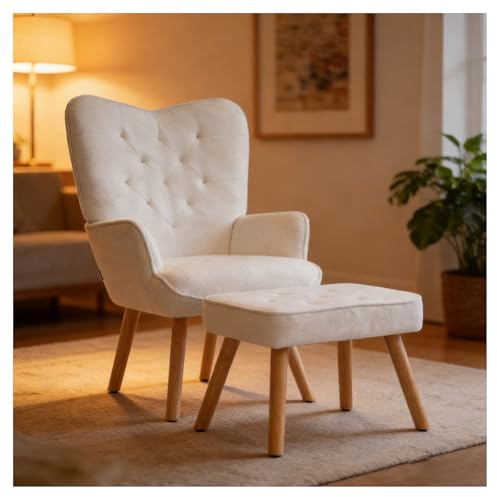 INMOZATA Teddy Armchair with Footstool Upholstered Accent Chair with Pouffes Lounge Leisure Chairs High Wing Back Occasional Tub Chairs with Stool Reading Chair for Living Room Bedroom (Teddy White)