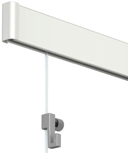 Artiteq Click Rail Tableau Suspension System, 200cm Blanc Primer (RAL 9016) Recouvrable, Kit Complet avec Fils Transparents, Crochets et Matériel de Fixation, 30 kg p/m Capacité de Charge