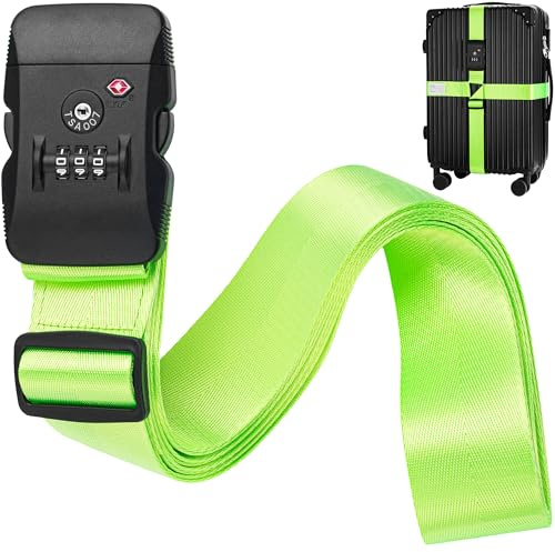 BlueCosto - Sangle de Bagage avec Serrure TSA - Réglable de 2,2 à 4 m, Vert Néon - Ceinture de Sécurité pour Valise Approuvée par la TSA avec Serrure à Combinaison à 3 Chiffres