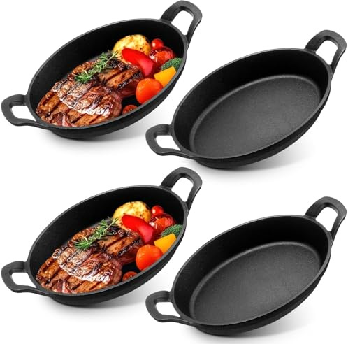 Lot de 4 Mini Poêles en Fonte avec Poignées, 21 x 15 cm Plat de Service Ovale en Fonte, Plat à Four Individuel Pré-assaisonné, Poêle Polyvalente pour Cuisson, Four, Camping et Cuisine