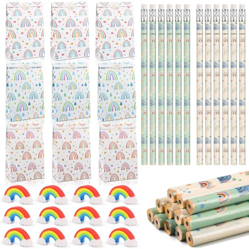 Ezydka Regenbogen Mitgebsel Geschenktüten Set 36pcs Regenbogen Party Deko | 12 Bleistift Kinder, 12 Geschenktüten Partytüten und 12 Radiergummi für Geburtstag, Mitgebsel, Party, Gastgeschenk, Pinata