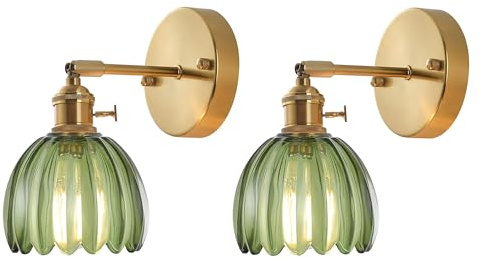 LFsem Vintage Innen Wandleuchte mit Blumen-Glasschirm & Goldfarbenen Metallteilen, Winkelverstellbare E27 Wandlampe mit Schalter für Flur Schlafzimmer Badezimmer (Grün, Zweier-Set)