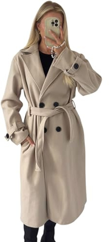 Crazy Fashion Coats For Women UK Winter Jackets Long Sleeve Plain Double Breasted Wool Blend Long Trench Plus Size Coat with Belt, Classic Lapel Ladies Overcoat(Beige, UK 10-16)