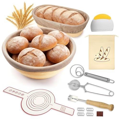 Gärkörbchen, 10-Teiliges Sauerteig Starter Set, 23cm Rund & 25cm Oval Gärkorb, Gärkorb Brot Faltbar inkl. Teigschaber, Brotlamer, Gärtuch & Mehr, Brot Backen Zubehör, Sauerteig Zubehör Set