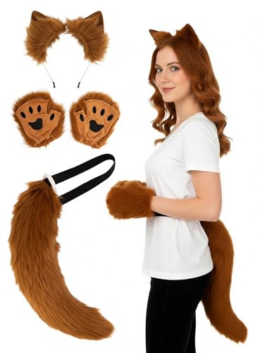 Brauner Fuchs Kostüm & Zubehör-Set für Erwachsene - Handschuhe, Ohren & Schwanz - Einheitsgröße - Karneval & Motto-Party
