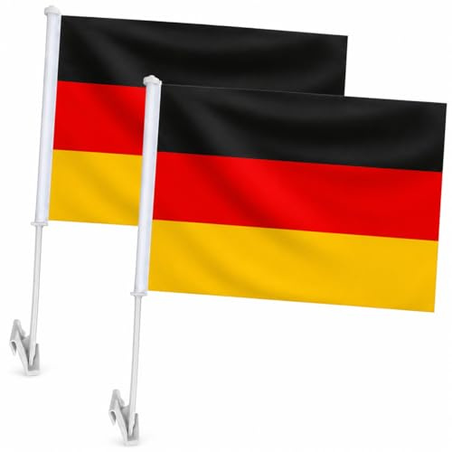 AURALIN Deutschland Autofahnen 2 Stück 45×30 cm mit Fensterhaltern | Einseitig bedruckte Polyesterflaggen mit 43 cm hohen Stäben für Fahrzeugdeko zum Tag der Deutschen Einheit