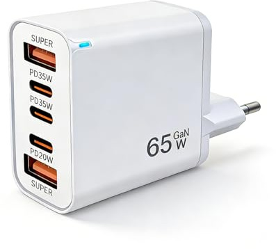 EU Travel Adapter Charger, 65W Power Plug with Multiple Ports, Supports Simultaneous Fast Charging for 2 Devices, with 3 USB-C and 2 USB-A Ports, European Wall Plug, for iPhone/Samsung Fast Charging