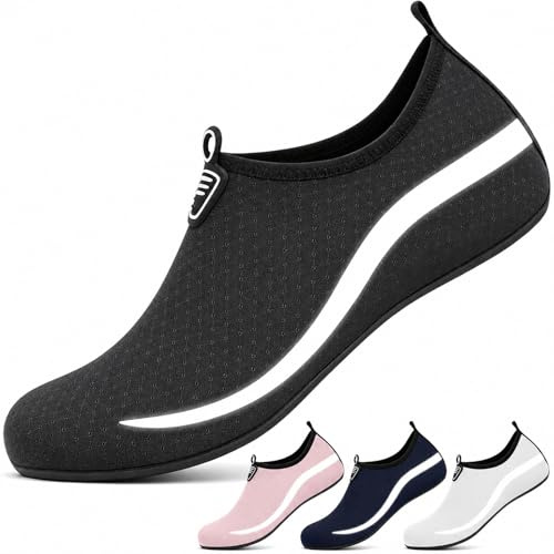 InfiniZer Water Shoes Men Women Beach Shoes with Reflective Wave, Quick Dry Swim Aqua Socks Barefoot Sea Pool Shoes Non-Slip (Black, Adult, Men, 7, Numeric, UK Footwear Size System, Medium)