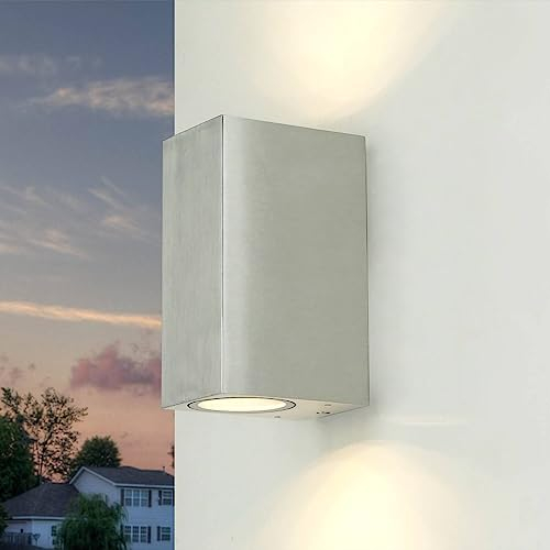 Outdoor Wandleuchte GU10, Up Down Leuchte Außen, Silber, IP44, wetterfest, B:6,8 cm, 2-flammig, Haus, Terrasse, Balkon, Modern, Aussenlampe Wand