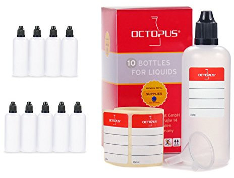 Octopus 100 ml liquid bottle with funnel + blank labels, e.g. for e-liquids/e-cigarettes plastic bottles made from PE LDPE, dropper bottles or squeeze bottles + black top with child safety mechanism