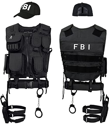 Black Snake® SWAT FBI Police Security Kostüm inkl. Einsatzweste, Pistolenholster, Gürtel, Handschellen und Baseball Cap - M/L - FBI
