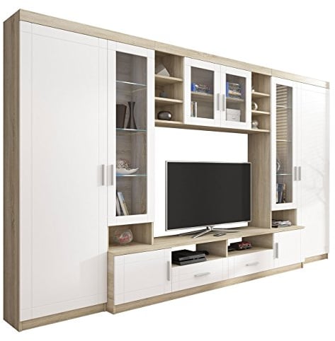Große Wohnwand Vita, TV-Lowboard, 2 Vitrine, Wandregal, Anbauwand Schrankwand Wohnzimmerschrank (Sonoma Eiche/Weiß, mit weißer LED Beleuchtung)