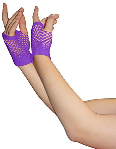Crazy Chick Kurze Fischnetzhandschuhe für Damen und Mädchen, verschiedene Farben, fingerlose Handschuhe, Party-Kostüm, Tutu, Neon-Fischnetz-Handschuhe, violett, One size