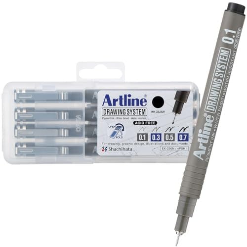 Artline Drawing System Stifte, 0,1, 0,3, 0,5, 0,7 mm Strichbreite, Schwarz, 4 Stück (EK-230-4PW1) Unübliche Größe