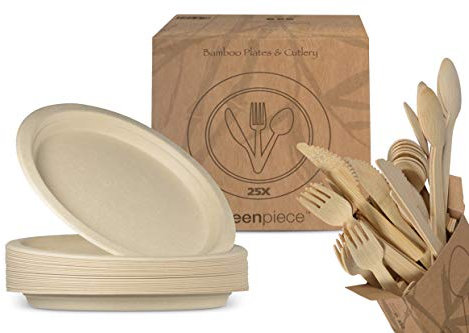 greenpiece ® 25 Assiettes en Fibre de Bambou 25cm + 25 Ensembles de Couverts en Bambou | Écologiques | Biodégradables | Extra Résistant | sans Emballage en Plastique | Jetables