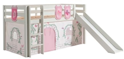 Vipack Spielbett Pino inkl. Rutsche mit Textilset Vorhang und 3 Taschen Birdy Kiefer massiv weiß lackiert