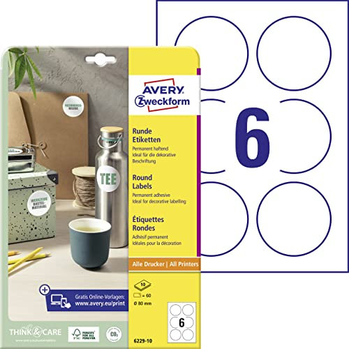 AVERY Zweckform 6229-10 Runde Etiketten (60 Klebepunkte, Ø80mm auf A4, runde Aufkleber zum Bedrucken, selbstklebende Produktetiketten, permanent haftende Marmeladenetiketten) 10 Blatt, weiß