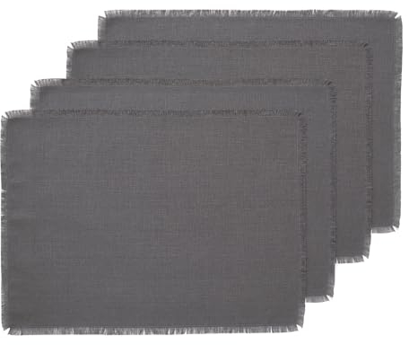 Solino Home Fransen Leinen Tischsets,100% Reines Leinen Stoff 14x19 Zoll Platzsets Anthrazit,Set mit 4 Tischsets für Herbst, Erntedankfest, Weihnachten, Winter,Handgefertigt aus europäischem Flachs