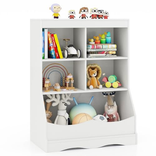 GYMAX Kids Bookshelf and Toy Organizer, Wooden Children Bookcase with Compartments and Shelves, Toys Storage Unit for Living Room, Playroom, Nursery (White, 67x40x88cm)