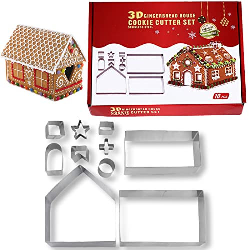 3D Plätzchen Ausstecher, Weihnachten Keksausstecher, Plätzchenausstecher Plätzchenformen Fondant Ausstecher Edelstahl Ausstecher Set, Weihnachten Lebkuchenhaus Set für Backen Küche Zubehör (10 PCS)