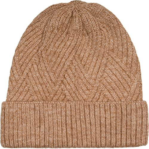 styleBREAKER Damen Strickmütze mit Rautenförmigem Rippmuster und breitem Umschlag, Feinstrick Mütze, Strick Beanie 04024192, Farbe:Hellbraun