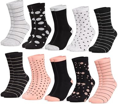 Occulto Chaussettes pour femme (10 Paires) Multicolores en Coton, Chaussettes pour femmes douces avec rayures et motifs, chaussette femme fille colorées Noir-saumon 35-38