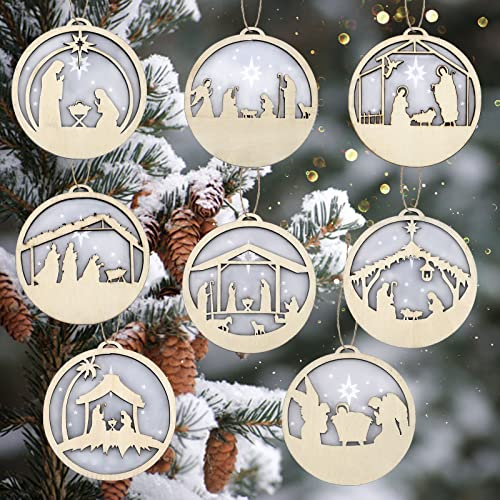 Bucherry Weihnachtskrippen-Ornamente, Holz, hängende Ornamente, Acryl, 3D-Schnitt, Feile, Ornament, Weihnachtskrippe, Andenken für Weihnachtsbaum, Geburt Jesus, Dekoration (rund), 8 Stück