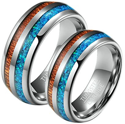 ANAZOZ Trauringe aus Wolfram, Partnerringe mit Gravur Eheringe Damen gr.57 und Herren gr.54 8mm Silberring Inlay Holz und Opal