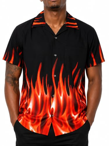 King Kameha Herren Hawaiihemd Kurzarm, Sommer Aloha Shirt mit Flammen Print