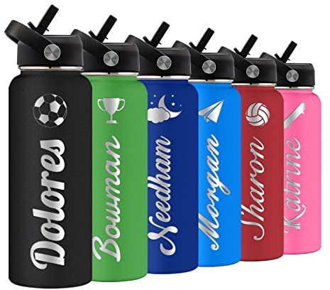 Bouteille d'eau Personnalisée avec Couvercle en Paille pour l'école,Bouteille d'eau de Sport Isolée en Acier Inoxydable Gravée sur Mesure avec nom pour Filles Garçons Femmes Hommes (8 couleurs)